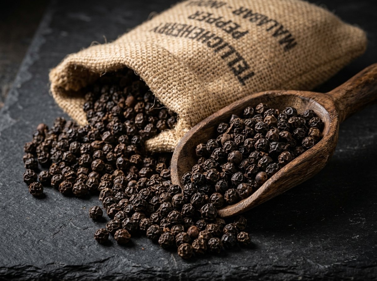 Bold Tellicherry and Malabar whole black peppercorns with export jute sack