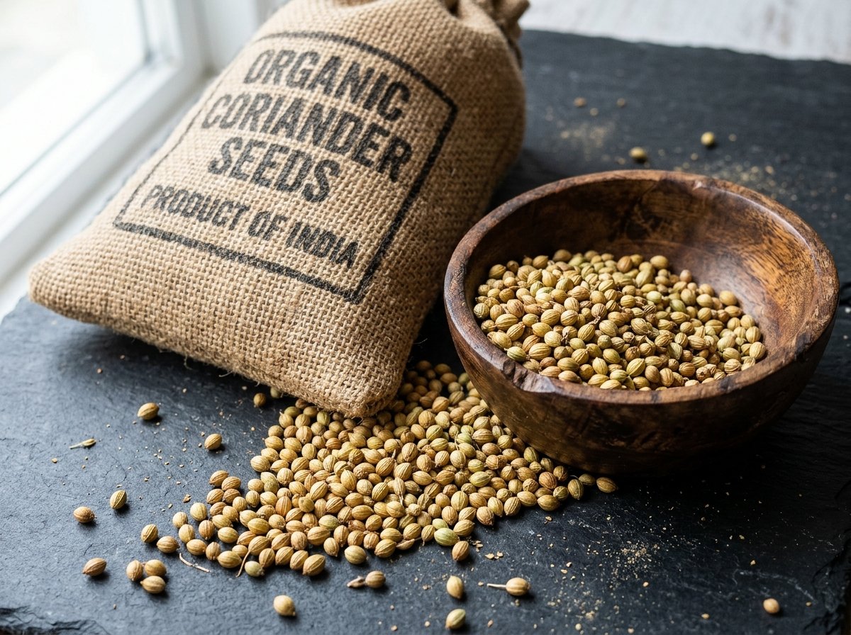 Golden brown whole Indian coriander seeds Dhaniya with export burlap bag
