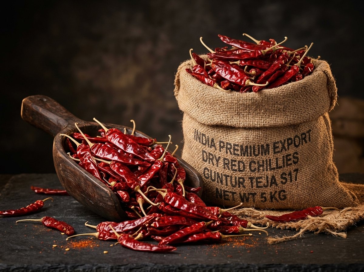 Sun-dried Indian Guntur Teja S17 whole red chillies with export burlap sack