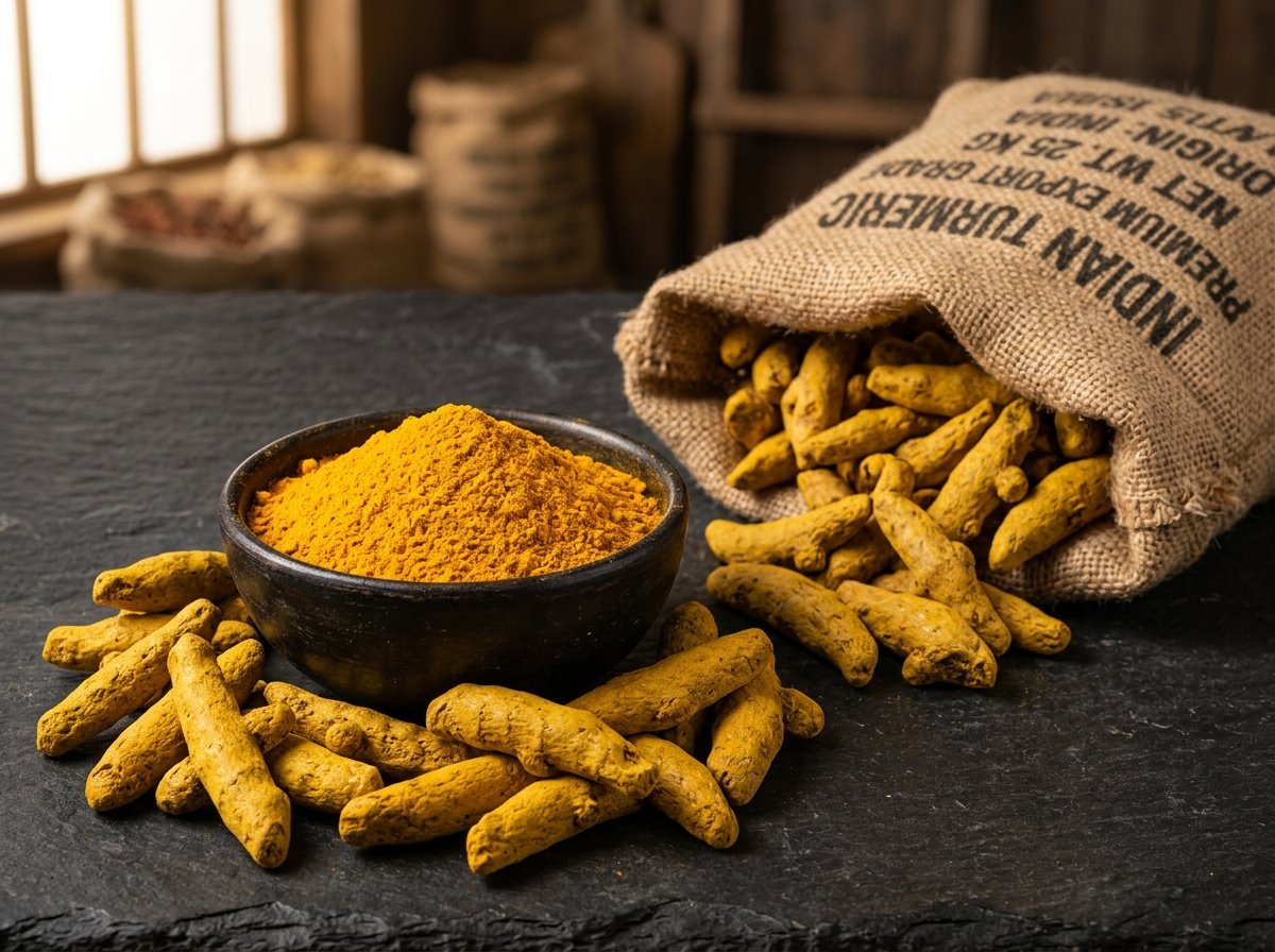 Pure Indian Turmeric Fingers and vibrant golden turmeric powder with export burlap sack
